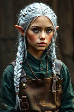 Masterpiece, hyper-realistic, extremely detailed, High-quality, high-resolution, woman, halfling, silver hair neatly braided and adorned with small, colorful beads, skin has a warm, sun-kissed hue, a deep-green linen dress with gold embroidery and a sturdy leather apron filled with small tools.