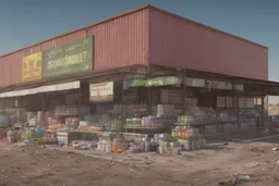 can you please generate an image of supermarket design in a refugee camp that sells imported goods like clothes, bottled water, cleaning products ect