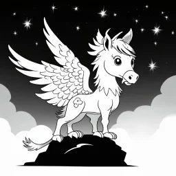 Make black and white cute drawing of a hippogriff with black bold lines. Only outline, no grayscale. A noble hippogriff with a horse’s body and eagle wings, perched on a rock with a proud pose. Make the feathers shimmer with magical patterns, and set it against a sky filled with shooting stars.
