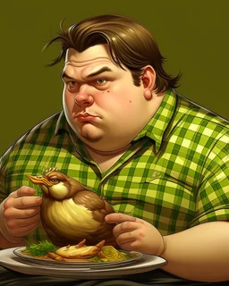 Portrait d'un jeune homme mangeant un grand poulet, ultra obèse; cheveux bruns et teint blanc, porte une chemise à carreaux de couleur vert olive. HD portrait, Artstation