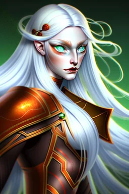 fantasy setting, woman mage with orange and white hair, green eyes, tall and frail, soft facial traits