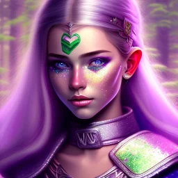 A Halfling woman adventurer with green eyes sitting against a silver bark tree with pink and purple leaves. Model, glitter, fog