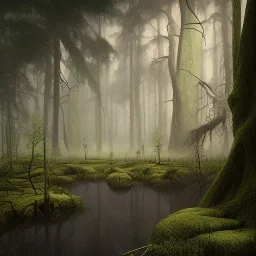 misty swamp in the forest