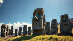 calm beauty, fantasy, magic, splendor, uplifting, inspiring, therapeutic, Easter Island stone statues with faces, one wearing spectacles, springtime, sunlight, chiaroscuro, color, award-winning colour photograph, Nikon 135mm, style Disney, style Salvador Dali