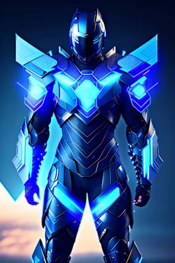 neon blue, flying parts of armor in form of triangles, cyber armor, geometric patterns on armor, male, orbiting triangle