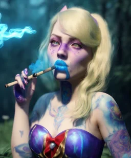 Ultra realistic wonderland photo, happy blonde woman smoking a shisha, blue dress, big purple-cat friend, circus dress style, old school tattoo, smoke, marijuana garden, glow eyes, perfect iris, soft color, highly detailed, unreal engine 5, cinematic, ultra detail, volumetric lighting, high definition.