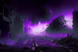 Destroyed City, Street View, Dense Purple Fog, Dead Soil, Broken Roads ,Black Night Sky, Stars, Space, Distant Alien Planets,