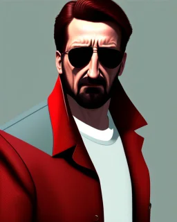 a man who looks like hans gruber wearing a trench coat and red sunglasses staring with a judgmental look on his face