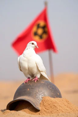 A white pigeon sitting on a half buried in the sand soldier's helmet