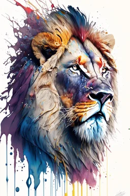 "lion", clean design, epic Instagram, art station, splash of colorful paint, contour, ((solid white background)), angled 45, hyperdetailed intricately detailed, unreal engine, fantastical, cinema lighting, intricate detail, splash screen, complementary colors, fantasy concept art, 8k resolution, DeviantArt masterpiece, watercolor, paint dripping