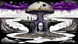 painted and drawing inner world with uncontrolled mind and soul, in midle a big head statue stands on little floating island over surreal cracked painted weird land with some black doors. very dark purple, gray, black, white, brown. Whimsical style of Chagall , of Minjae Lee and René Magritte, lonely face with absurd beauty. broken, weird bizarre absurd nightmare, labirynth, dark vision, neuron network background, surreal vibe