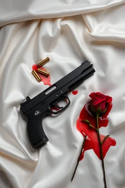 small handgun laying on a white silk sheet with bullets and a rose in a pool of blood