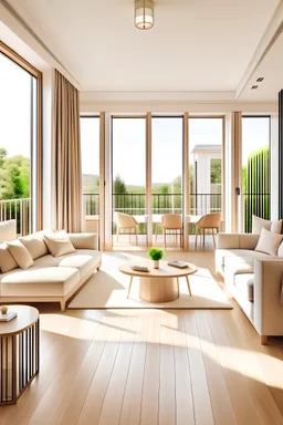 A spacious living room with a balcony, bathed in soft, light tones. The room features large windows that allow natural light to flood in, creating a warm and inviting atmosphere. Cream-colored walls complemented by pale wooden flooring and light-colored furniture lend an air of elegance and sophistication to the space. The balcony, accessible through sliding glass doors, offers a breathtaking view of the surrounding cityscape or lush greenery. Indoor plants add a touch of nature, bringing freshn