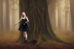 full-height shot of a young witch in a tight black skirt, in a wood, with mist