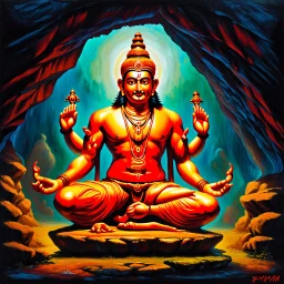 An oil painting of Hindu god YAMA in a cave, neon red colors, high detail, dark vibe