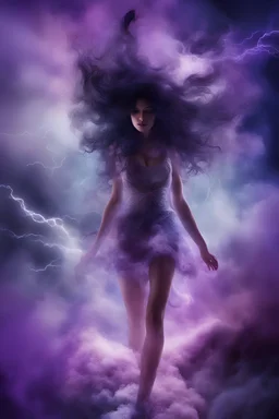 abstract creation of a beautiful girl with black curly hair, surrounded by stormy clouds, wrapped in thick purple and white smoke, breathtaking beautiful, lightning, bright colours,chaos,