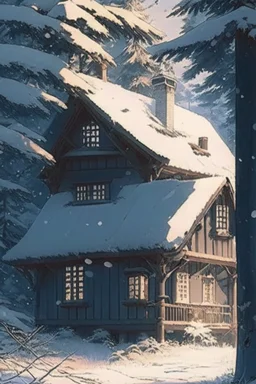 studio ghibli, a house, snow, woods,