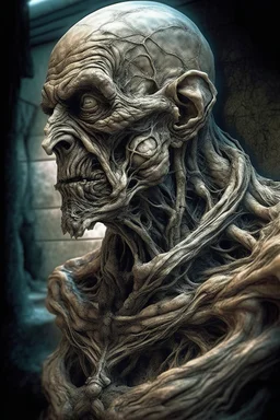 sculpture of a old man , decayed and rotting with grotesque proportions and imagery. abstract grotesqueries, detailed texture, surreal horror, biomechanical design, by hr giger and beksinski