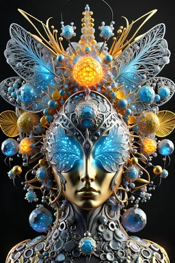 3D rendering of Expressively detailed and intricate of a hyperrealistic “ Vulnicura kafkaesque headpieces”: front view, full body, insect anatomical, human cell, shinning abstract crystal stone, molecules, glossy skin, neon, scientific, black background, cosmic fractals, octane render, 8k post-production, dendritic, artstation: award-winning: professional portrait: atmospheric: commanding: fantastical: clarity: 16k: ultra quality: striking: brilliance: stunning colors: amazing depth