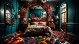 Picture a surreal scene where a mirror in a bedroom is surrounded by an abundance of colorful flowers, twisting and morphing into abstract shapes and patterns. The reflection in the mirror distorts the room, creating a sense of otherworldly beauty and mystery. The flowers seem to be alive, blooming and wilting in a never-ending cycle, adding a dynamic and ethereal quality to the image. The overall composition is both mesmerizing and unsettling, blurring the lines between reality and fantasy.