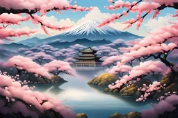 cherry blossoms, large japanese landscapes, japanese photographic style. elegant, beautiful, intricate, fantastic scenery, ultra-detailed, photographic style, oil patchwork, high resolution, crisp quality