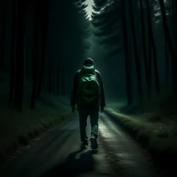 a lonely figure with a backpack, leaving a metropole, on a road, into a forest, photo quality, dark green light