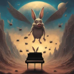 monochromatic black and white bugs bunny composer piano, diffrent planet, one swine pig piggy flying wasp angel, beksinski style daker theme dark black dark black monochromatic