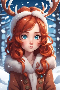 red haired girl in a tawny reindeer onesie with antlers blue eyes looking over shoulder towards viewer snowy background in the style of Chibi and modern cartoon and video game chaarcter