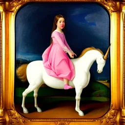 Retrato de una pre adolescente muy guapa llamada Eira Santiago Arnau montando un unicornio rosa con el estilo de Diego Velázquez