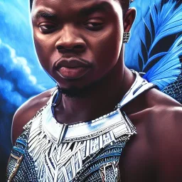 Fantasy, Nigeria rapper olamide badoo as black panther, heroic, award winning, insanely detailed, sunlit, realistic, ocean,acrylic paint, 8k resolution, hdr, trident