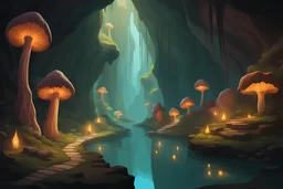 Underground passages, cavern caves tunnels, underdark route, glowing giant mushrooms, stalagmites stalagtites