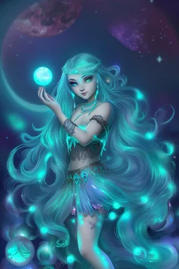 A beautiful girl with glowing starry eyes. And with turquoise hair decorated. And full body. Holds 10 glowing glass beads with a moon inside