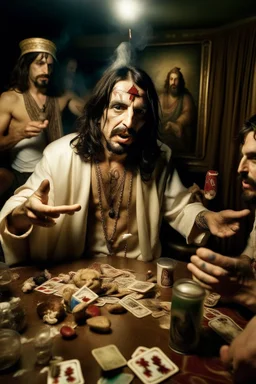 Jesus and elvis and some friends smoking and playing cards, davinci. Surreal. Agony face, smile, pain scream. Fish eye lense camera. Perfect composition.