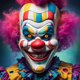 a robotic face of a clown, colorful vibrant colors, villanous grin smile.