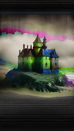 A building castle by the ocean all gray, a shadow of a two creatures with hood looking at the house , foggy, blurry , dark and mysterious,painted antique canvas of a Risograph Art of a Art ,into the moody backdrop creates an atmosphere of enchantment and mystery high resolution fine detailed textures fine colors scratches, tears, burn marks, cracks in the paint in the mix style of Joan Miro Gabriel Pacheco, antique extreme canvas textured, blurry old style