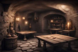 fantasy medieval underground cellar with table