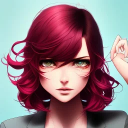 crystal clear blue eyes, and dark pink hair, dot eyebrows, woman, angry expression, pointy ears, long hair, sexy, young, beautiful