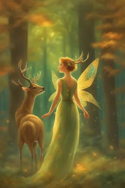 "Fiona, the faerie of twilight's grace, Deery, the deer with the opalescent embrace, In this forest of colors wild and bright, We dance and we sing with all our might." Their song echoed through the trees, carried on the wings of the wind and woven into the very fabric of the forest itself. With each verse, their movements became more intricate, more fluid, as if the music guided their steps. "Among the mushrooms that glow like the stars, We dance hand in hoof, no matter the scars, For in this