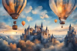 Medieval air balloons, magic , Castle, steam power, evening time , sun set, blue sky, dynamic white clouds, magnificent, vibrant, hdr, 4k, 8k, watercolour , low angle shot, aesthetic, Mysterious sketch, gustav klimt