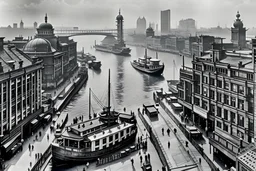 A black and white grainy photo captures the metropolitan essence of Shanghai's the Bund during the 1940's and 1950's, show what life was like then, birds eye view, slight blur, antique and aged feel, daguerrotype