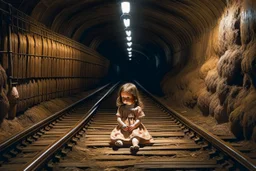 in a tunnel little girl is holding a teddy bear next to train tracks Fiona Staples