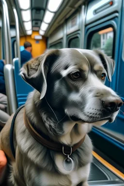 I need a dog and a man on the tram, a gray mutt dog