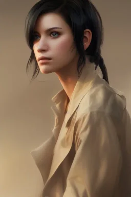 upper body portrait of a young girl from final fantasy live action, with short black hair and green eyes in a tan trenchcoat over a white shirt, award winning, masterpiece digital painting by greg rutkowski, alex grey, artstation, 4k wallpaper