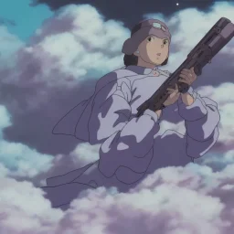 A girl with big naked breasts and beautiful and large military rifle in the galactic Purple space