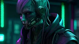 cyberpunk neoromancer based 3D Print of an cyberpunk masked neuromancer dystopian mage, anime style, semi realistic human render, blender, ultra detailed, purple and green, Controlled Randomness, depth of vision, depth of field, sharpness 35%, Low Light Photography, Unreal Engine 5, OctaneRender, object illumination, ambient occlusion, metallic texture, static background, aesthetic, cyber, glossy, glow, bloom, surrealism,