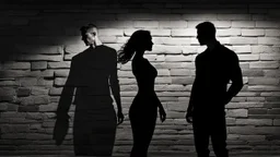 An attractive athletic man silhouette standing very close to a woman silhouette against a modern wall. He leans toward her confidently, one arm resting against the wall beside her. Woman looks up at him, her face mostly hidden. romantic tension,. His face is partly in shadow,, fit build, black fitted shirt. Dark indistinct background, black, charcoal, and deep tones, cinematic