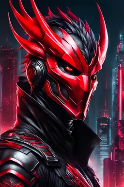 Retrato dibujo de contorno de Dragman con antifaz de dragón, negro y rojo con traje cyberpunk, fondo ciudad, antifaz de dragón