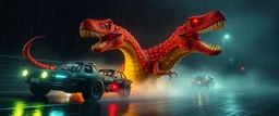 hyper olympic, race cars soccer mom horrible space slinky boa dinosaur slug in the style of giger, in fog and spectacular spark rain