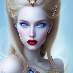 a princess with a lot of jewellery, long blonde hair, red lipstick, blue eyes,with featheres dramatic, dramatic lighting, pixar style, volumetric lighting, hyperrealism, 8k, high quality, photorealistic, lot of details