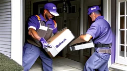 fedex driver at front door with a chainsaw